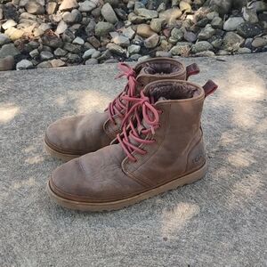 UGG Mens Waterproof Harkley Grizzly Brown Shearling Lined Leather Boots-Size 11
